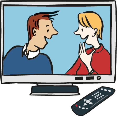 Fernseher mit Fernbedienung Eine Sendung läuft.